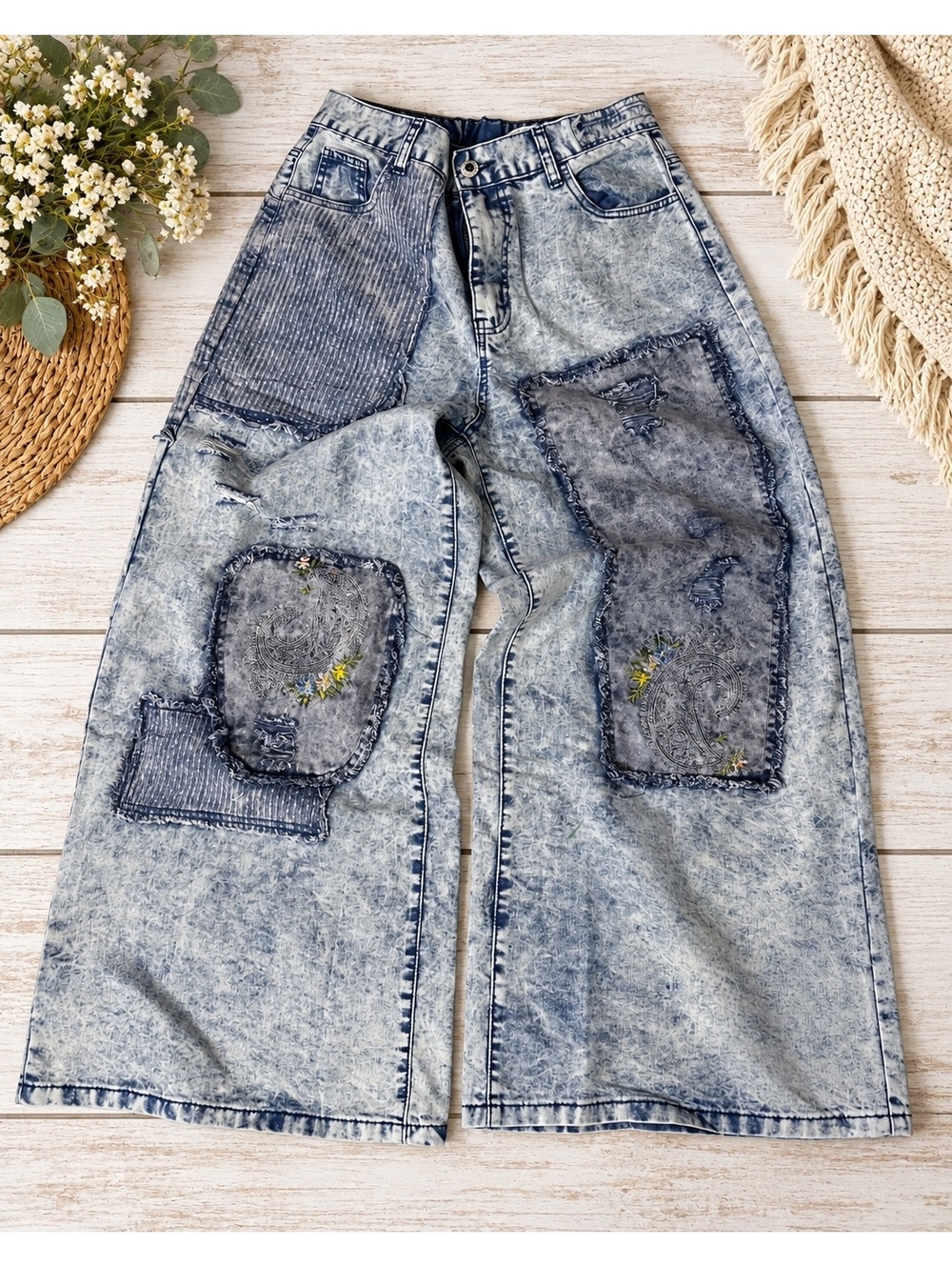 POL Patchwork Acid Wash Wide Leg Jeans Small Embroidered Distressed Boho NWT